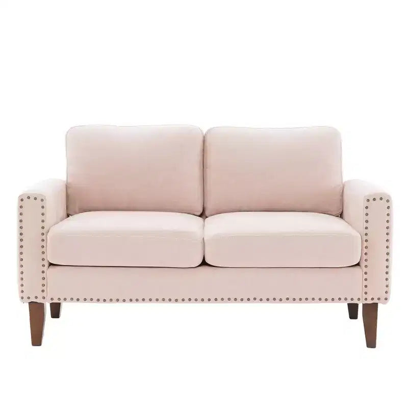 Hyleory Divanetto a Due Posti da 146 cm in Lino Imbottito con Chiodi Decorativi e Gambe in Legno Massello