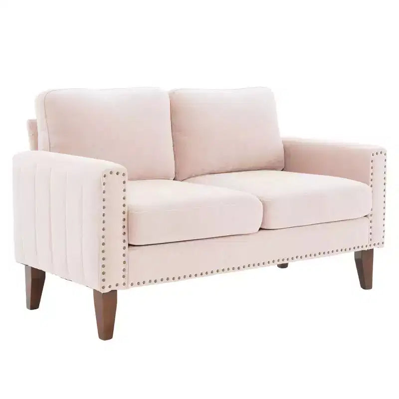 Hyleory Divanetto a Due Posti da 146 cm in Lino Imbottito con Chiodi Decorativi e Gambe in Legno Massello
