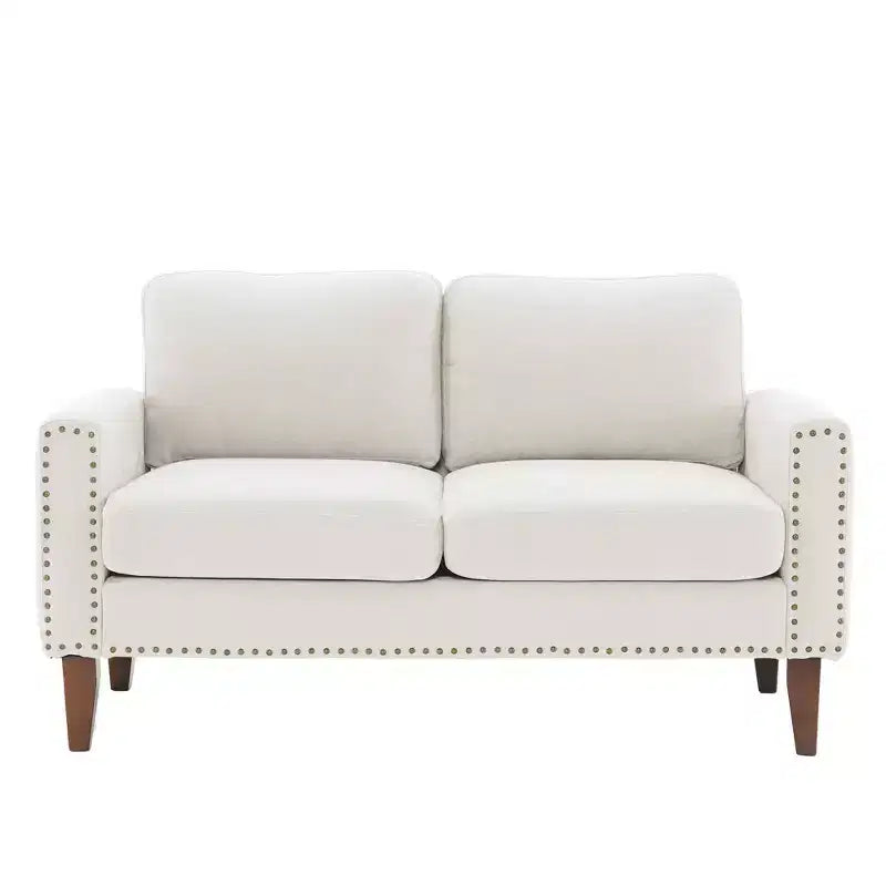 Hyleory Divanetto a Due Posti da 146 cm in Lino Imbottito con Chiodi Decorativi e Gambe in Legno Massello