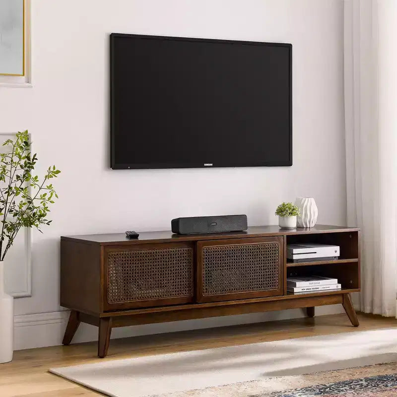 Mobile TV moderno in rattan per TV fino a 65 pollici, mobile consolle per intrattenimento con anta scorrevole, astratto, marrone, 59 pollici, 4,92 piedi