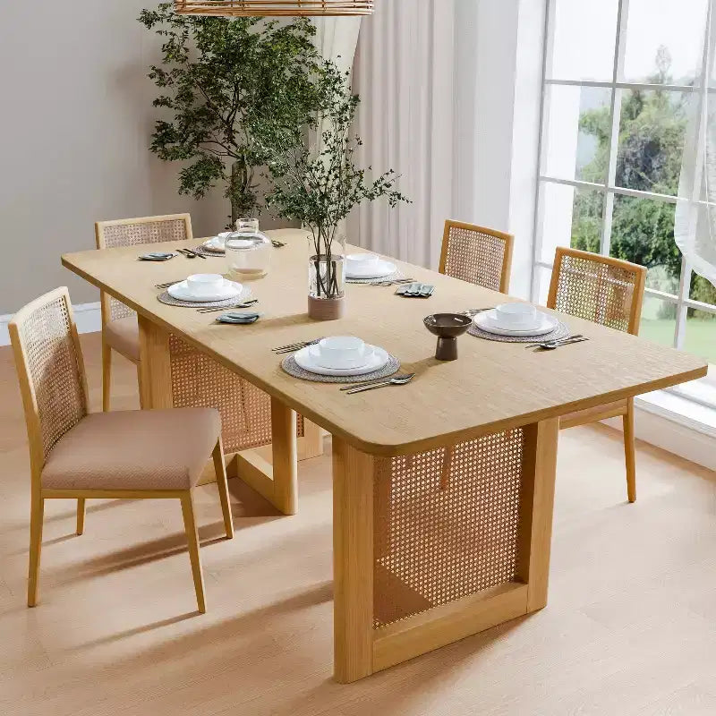 Tavolo da pranzo rettangolare Dovelina in legno di metà secolo, set tavolo da cucina in rattan per 6 persone - 67