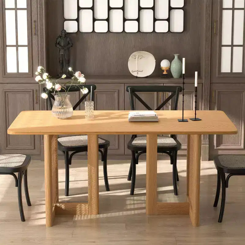 Tavolo da pranzo rettangolare Dovelina in legno di metà secolo, set tavolo da cucina in rattan per 6 persone - 67