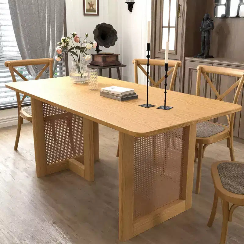 Tavolo da pranzo rettangolare Dovelina in legno di metà secolo, set tavolo da cucina in rattan per 6 persone - 67