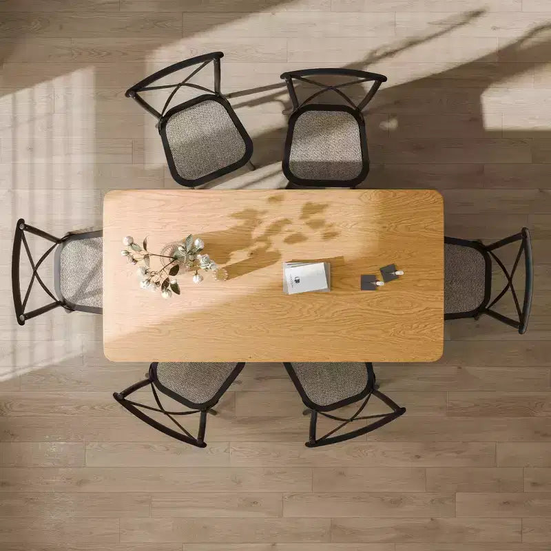 Tavolo da pranzo rettangolare Dovelina in legno di metà secolo, set tavolo da cucina in rattan per 6 persone - 67