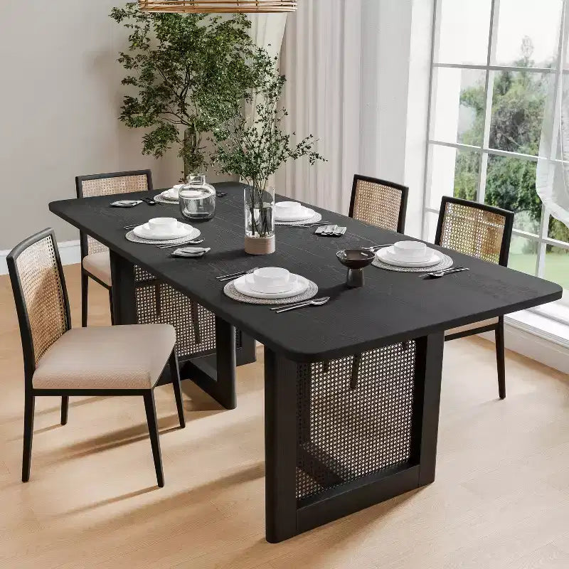 Tavolo da pranzo rettangolare Dovelina in legno di metà secolo, set tavolo da cucina in rattan per 6 persone - 67