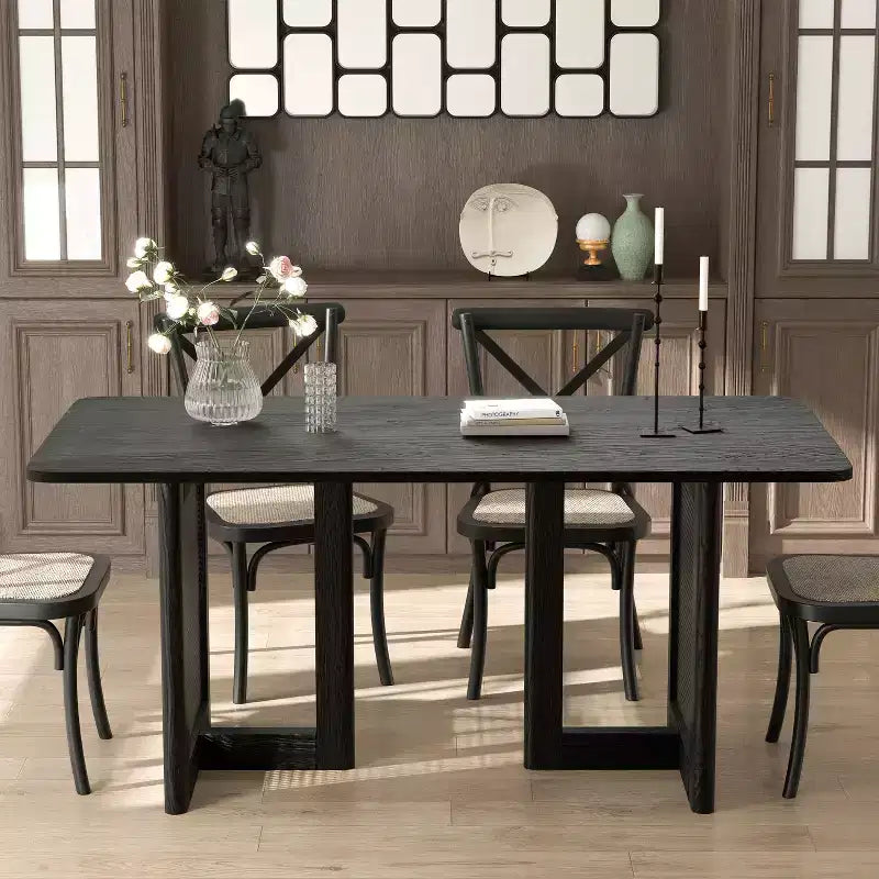 Tavolo da pranzo rettangolare Dovelina in legno di metà secolo, set tavolo da cucina in rattan per 6 persone - 67