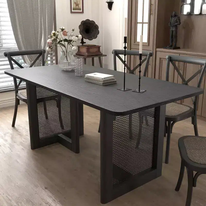 Tavolo da pranzo rettangolare Dovelina in legno di metà secolo, set tavolo da cucina in rattan per 6 persone - 67