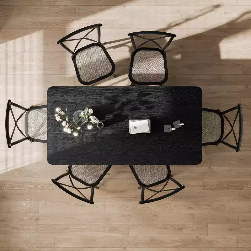 Tavolo da pranzo rettangolare Dovelina in legno di metà secolo, set tavolo da cucina in rattan per 6 persone - 67