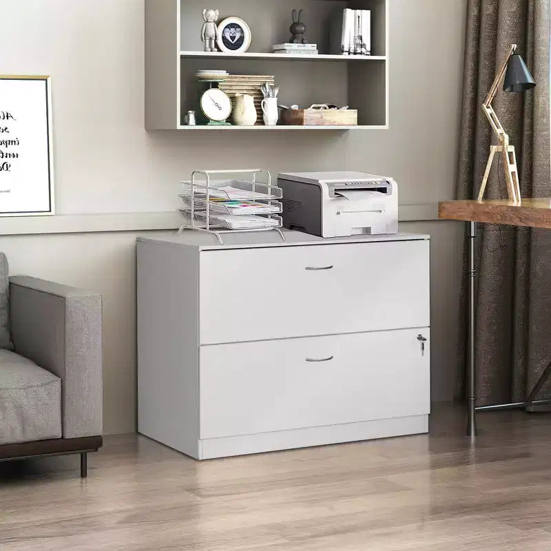 Basicwise Mobiletto portadocumenti laterale in legno da 30 pollici con due spaziosi cassetti, uno con chiusura a chiave - Adatto per l'home office, offre ampio spazio