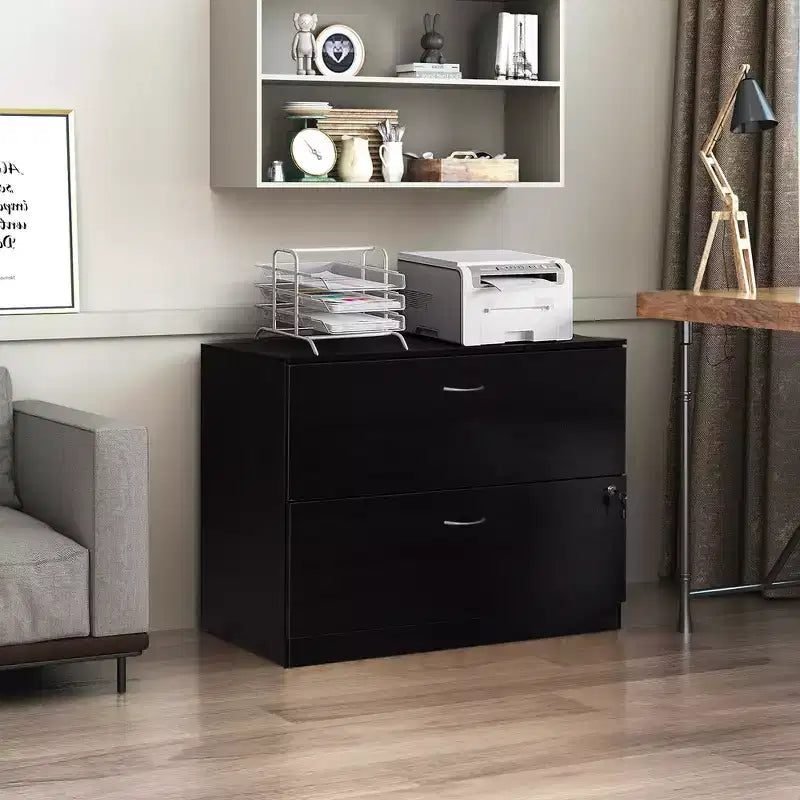 Basicwise Mobiletto portadocumenti laterale in legno da 30 pollici con due spaziosi cassetti, uno con chiusura a chiave - Adatto per l'home office, offre ampio spazio