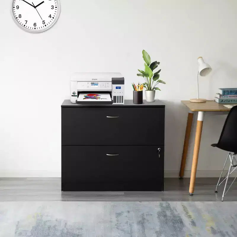 Basicwise Mobiletto portadocumenti laterale in legno da 30 pollici con due spaziosi cassetti, uno con chiusura a chiave - Adatto per l'home office, offre ampio spazio