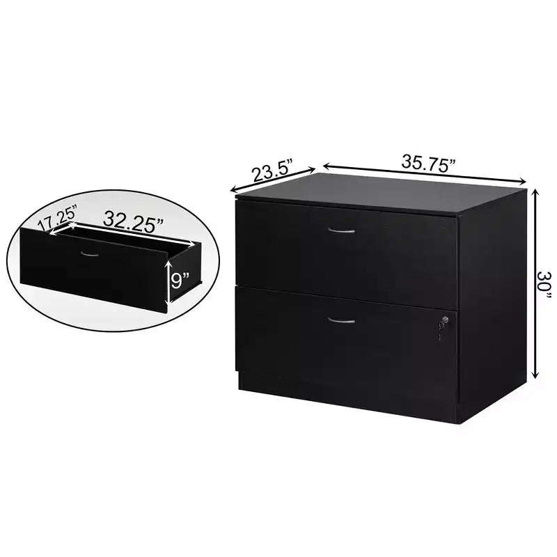 Basicwise Mobiletto portadocumenti laterale in legno da 30 pollici con due spaziosi cassetti, uno con chiusura a chiave - Adatto per l'home office, offre ampio spazio