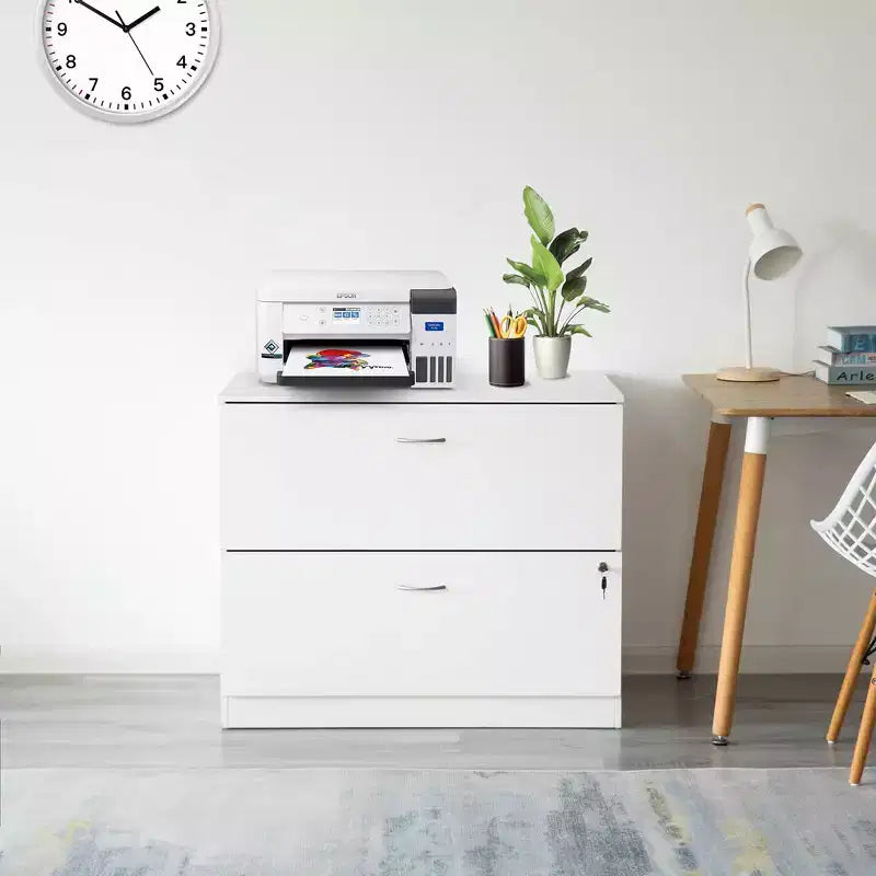 Basicwise Mobiletto portadocumenti laterale in legno da 30 pollici con due spaziosi cassetti, uno con chiusura a chiave - Adatto per l'home office, offre ampio spazio