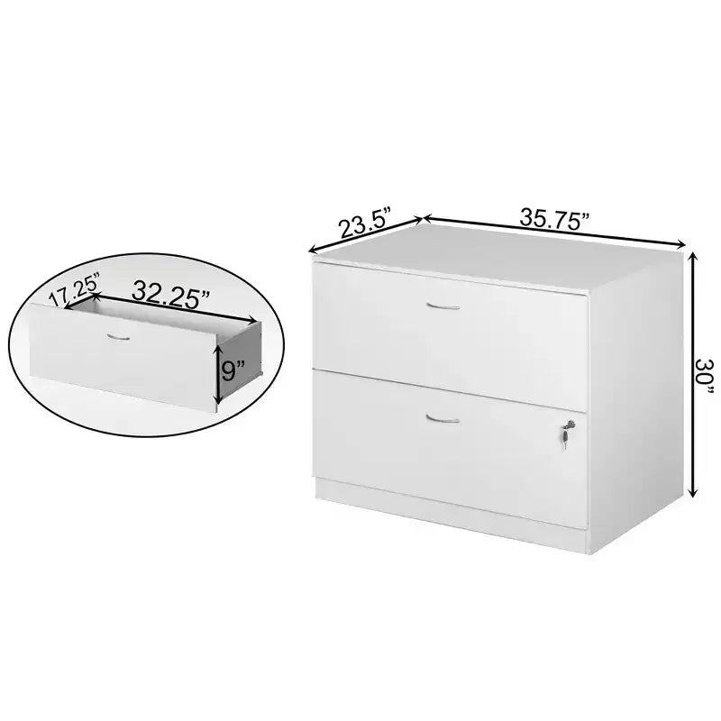 Basicwise Mobiletto portadocumenti laterale in legno da 30 pollici con due spaziosi cassetti, uno con chiusura a chiave - Adatto per l'home office, offre ampio spazio