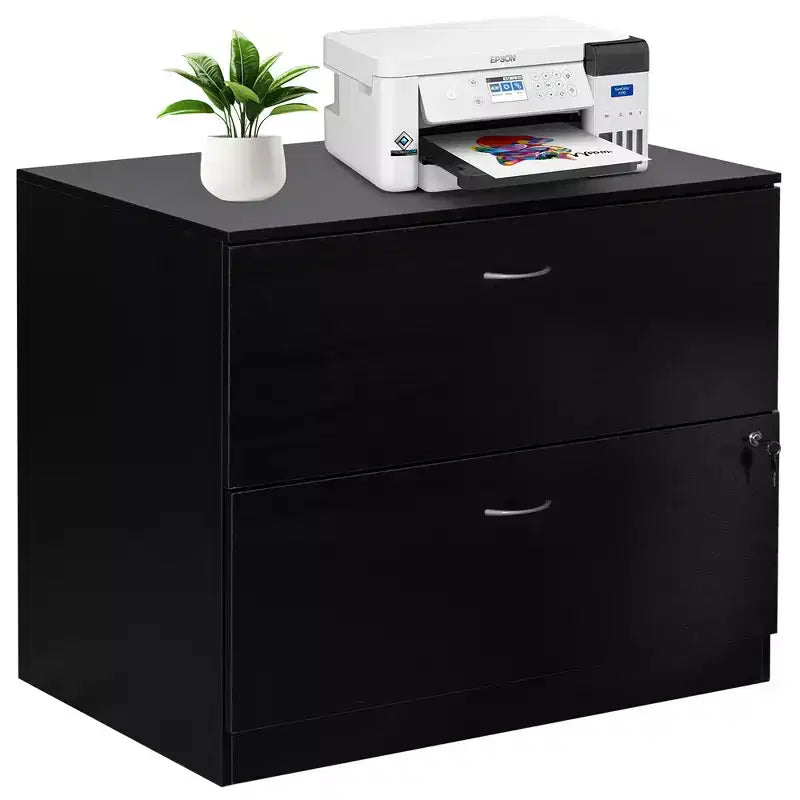 Basicwise 30 Wooden Lateral File Cabinet with Two Spacious Drawers, One Lockable - Suitable for Home Office, Offering Ample Space