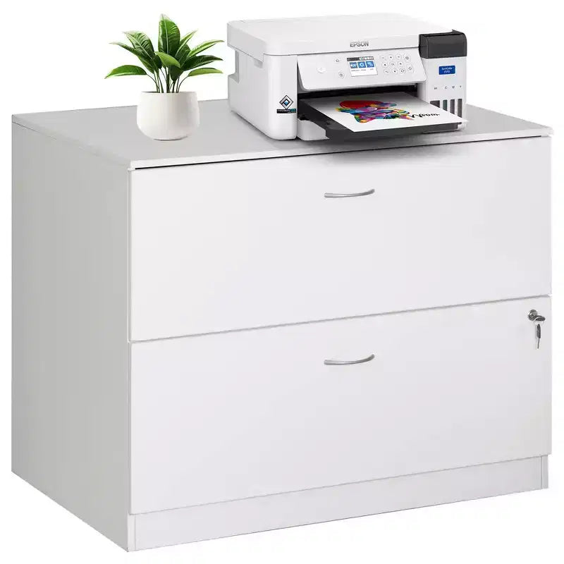 Basicwise Mobiletto portadocumenti laterale in legno da 30 pollici con due spaziosi cassetti, uno con chiusura a chiave - Adatto per l'home office, offre ampio spazio