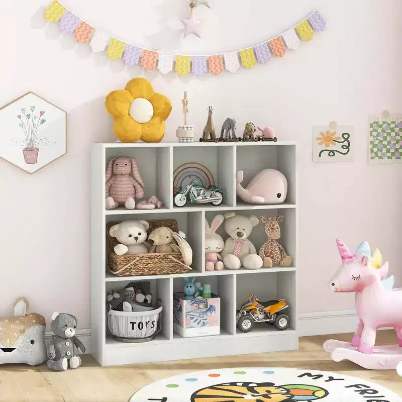 Costway Scaffale a 8 Cubi, Organizzatore di Giocattoli in Legno 41 per Bambini, Libreria Naturale/Bianco