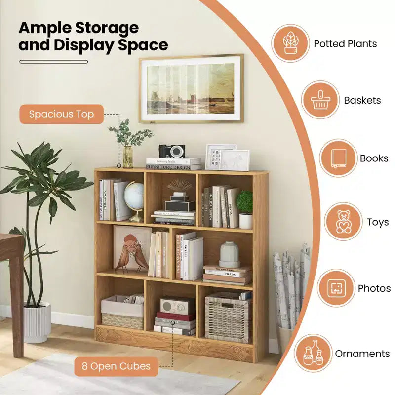 Costway Scaffale a 8 Cubi, Organizzatore di Giocattoli in Legno 41 per Bambini, Libreria Naturale/Bianco