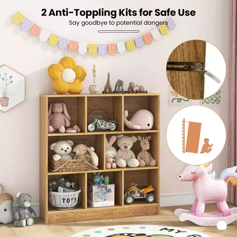 Costway Scaffale a 8 Cubi, Organizzatore di Giocattoli in Legno 41 per Bambini, Libreria Naturale/Bianco