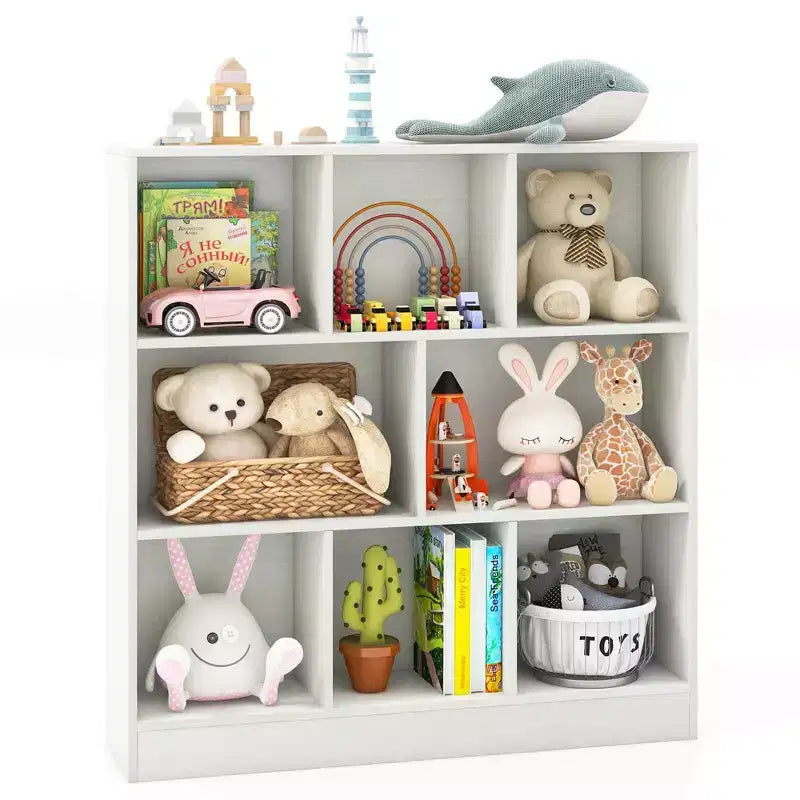Costway Scaffale a 8 Cubi, Organizzatore di Giocattoli in Legno 41 per Bambini, Libreria Naturale/Bianco