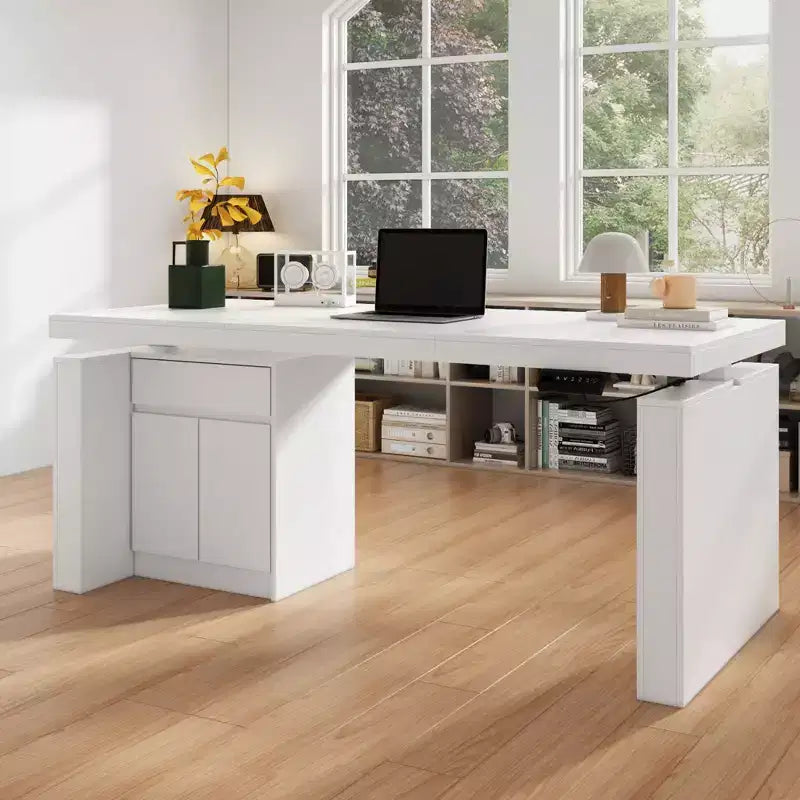 Scrivania Artigianale Bianca Famapy con Altezza Regolabile e Cassetti Contenitori, Postazione di Lavoro