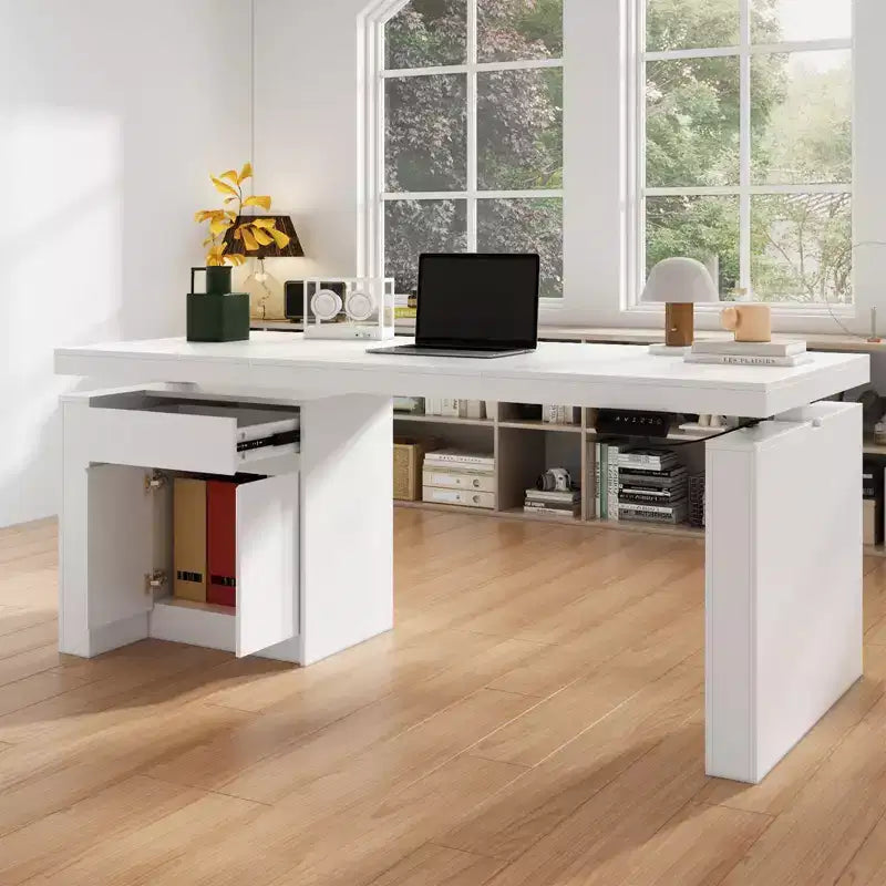 Scrivania Artigianale Bianca Famapy con Altezza Regolabile e Cassetti Contenitori, Postazione di Lavoro