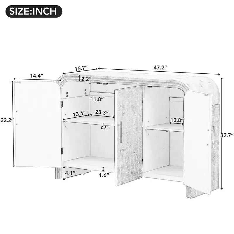 Mobile credenza retrò da 47,2W, mobiletto contenitore curvo e minimalista con maniglie dorate e divisori regolabili 4B -ModernLuxe
