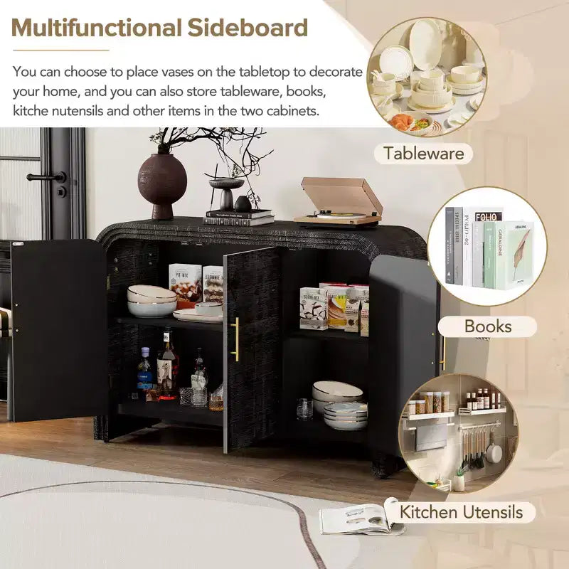 Mobile credenza retrò da 47,2W, mobiletto contenitore curvo e minimalista con maniglie dorate e divisori regolabili 4B -ModernLuxe