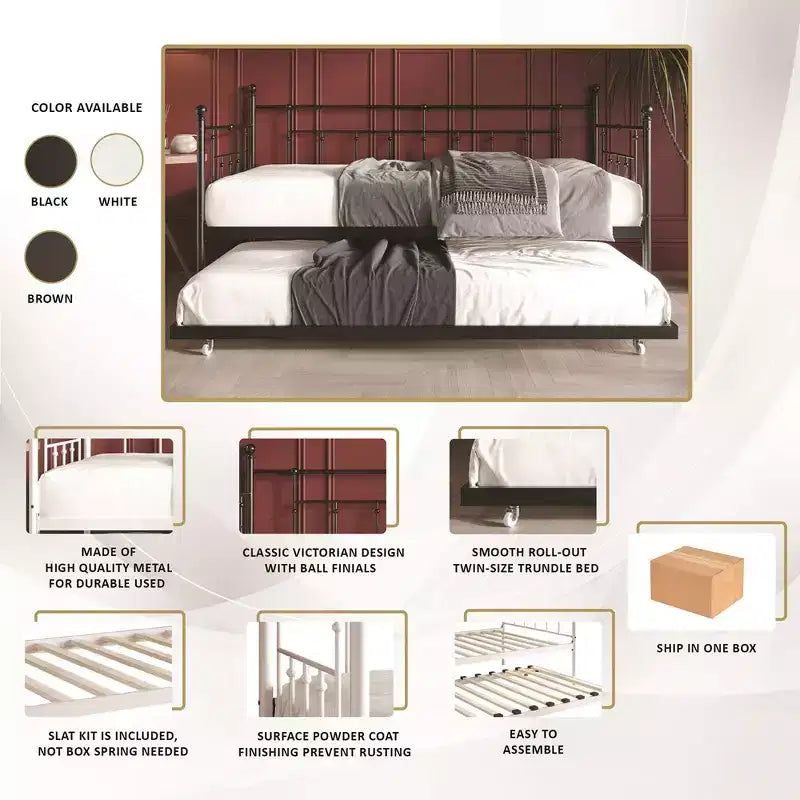 ChaletPosh Lettino in Metallo Twin Size con Rotelle Estraibili