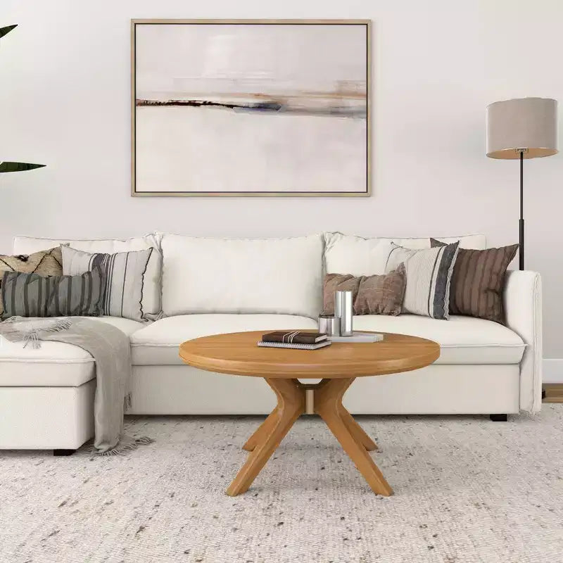 Tavolino rotondo Plank+Beam con gambe incrociate in legno massello, 91 cm, per soggiorno