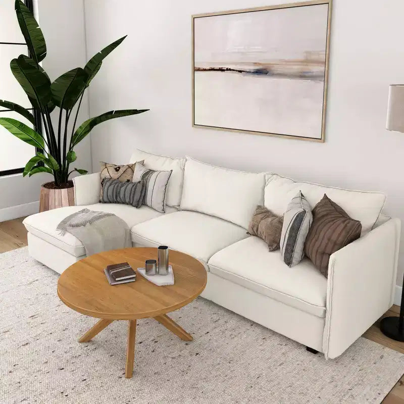 Tavolino rotondo Plank+Beam con gambe incrociate in legno massello, 91 cm, per soggiorno