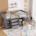 Twin Size Bed Frame, Solid Wood Low Loft Bed Frame With Pull-Out Desk, Drawers, Cabinet, Shelves, Twin Size Low Loft Bed For Kids Teens Boys Girls