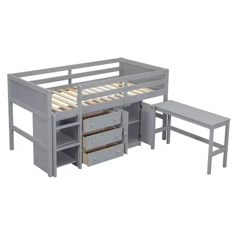 Struttura letto a soppalco bassa per ragazzi, in legno massello, con scrivania estraibile, cassetti, armadietto e ripiani, misura singola