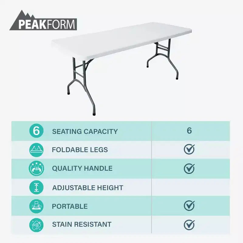 Tavolo Pieghevole Multiuso Peakform, Leggero e Resistente, con Base Stabile per Eventi Interni ed Esterni, 180 cm, Bianco