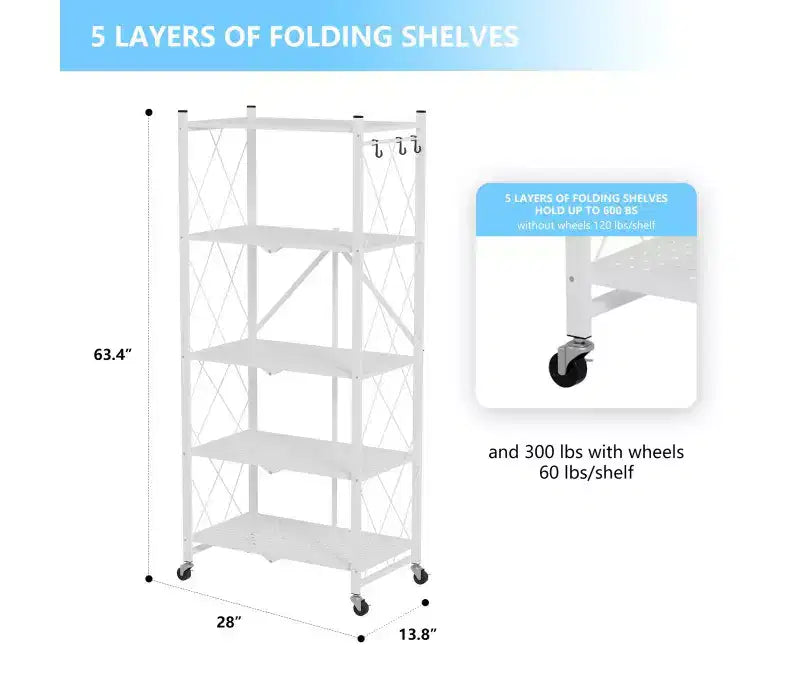 Scaffale pieghevole in metallo a 5 ripiani con ruote e ganci laterali, organizer per carichi pesanti, bianco
