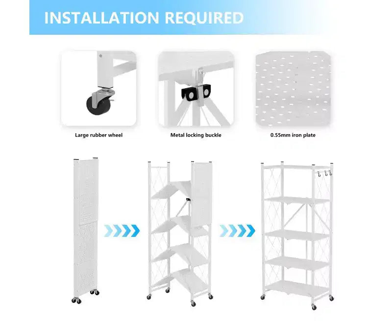 Scaffale pieghevole in metallo a 5 ripiani con ruote e ganci laterali, organizer per carichi pesanti, bianco