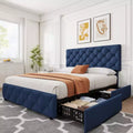 Whizmax Bed Frame with 4 Storage Drawers, Linen Upholstered Platform Bed Frame with Adjustable Headboard, Diamond Stitched Button Tufted, Blue