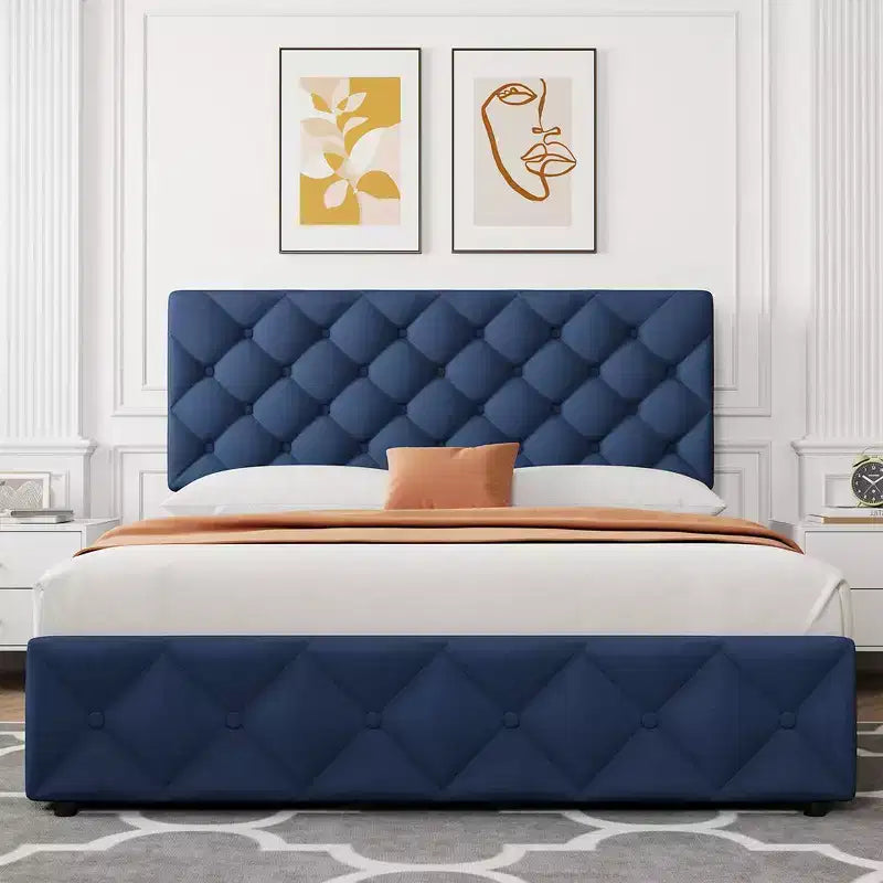 Struttura letto Whizmax con 4 cassetti contenitore, struttura letto a piattaforma imbottita in lino con testiera regolabile, trapuntatura a rombi con bottoni, blu