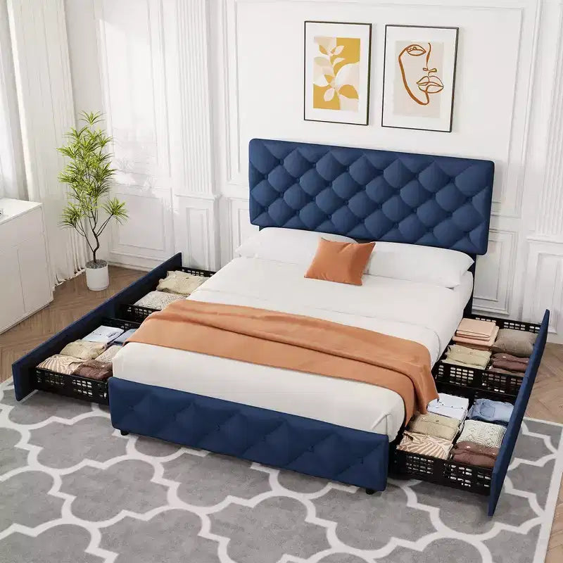Struttura letto Whizmax con 4 cassetti contenitore, struttura letto a piattaforma imbottita in lino con testiera regolabile, trapuntatura a rombi con bottoni, blu