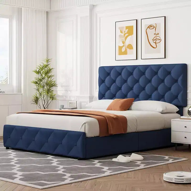 Struttura letto Whizmax con 4 cassetti contenitore, struttura letto a piattaforma imbottita in lino con testiera regolabile, trapuntatura a rombi con bottoni, blu