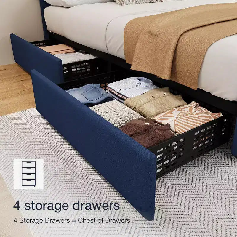 Struttura letto Whizmax con 4 cassetti contenitore, struttura letto a piattaforma imbottita in lino con testiera regolabile, trapuntatura a rombi con bottoni, blu