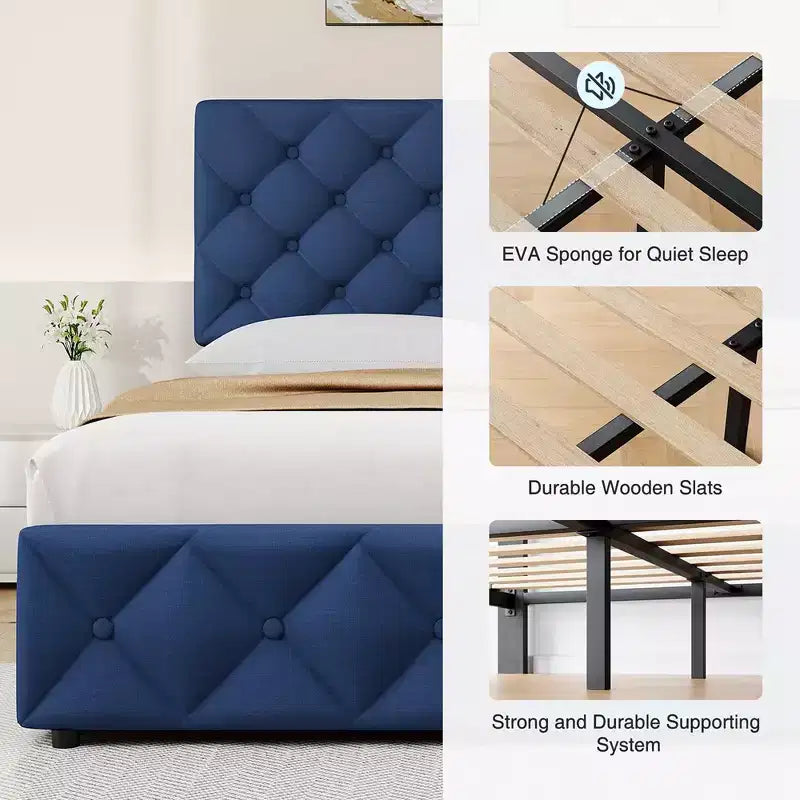 Struttura letto Whizmax con 4 cassetti contenitore, struttura letto a piattaforma imbottita in lino con testiera regolabile, trapuntatura a rombi con bottoni, blu