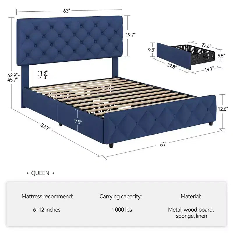 Struttura letto Whizmax con 4 cassetti contenitore, struttura letto a piattaforma imbottita in lino con testiera regolabile, trapuntatura a rombi con bottoni, blu