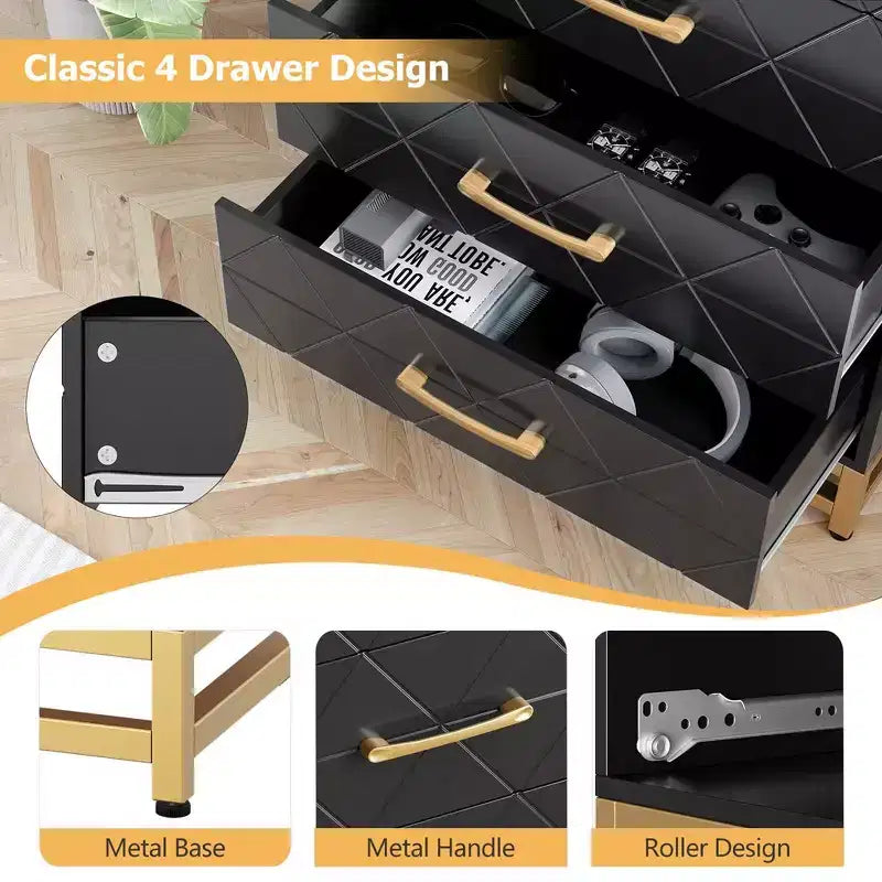 Comò per camera da letto con 4 cassetti, cassettiera con maniglie in metallo, struttura robusta, mobili moderni per camera da letto