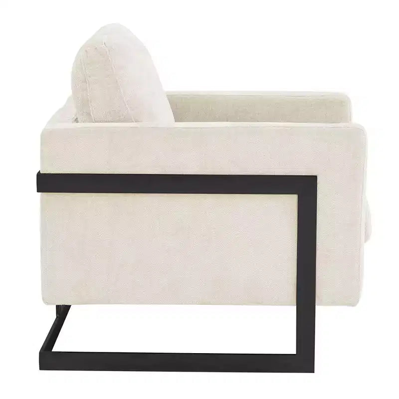 Poltrona LeisureMod in tessuto Boucle con telaio in acciaio inossidabile nero e cuscino dello schienale rimovibile Collezione Lincoln