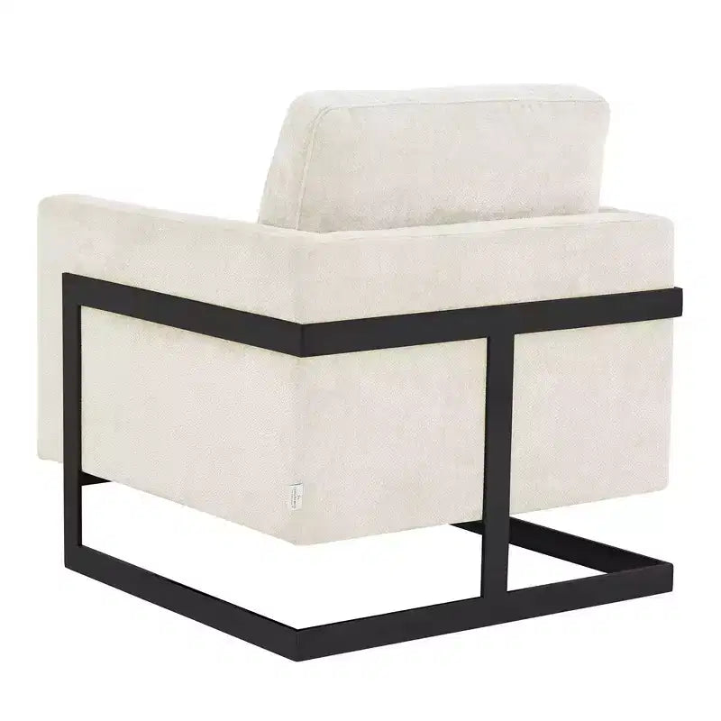 Poltrona LeisureMod in tessuto Boucle con telaio in acciaio inossidabile nero e cuscino dello schienale rimovibile Collezione Lincoln