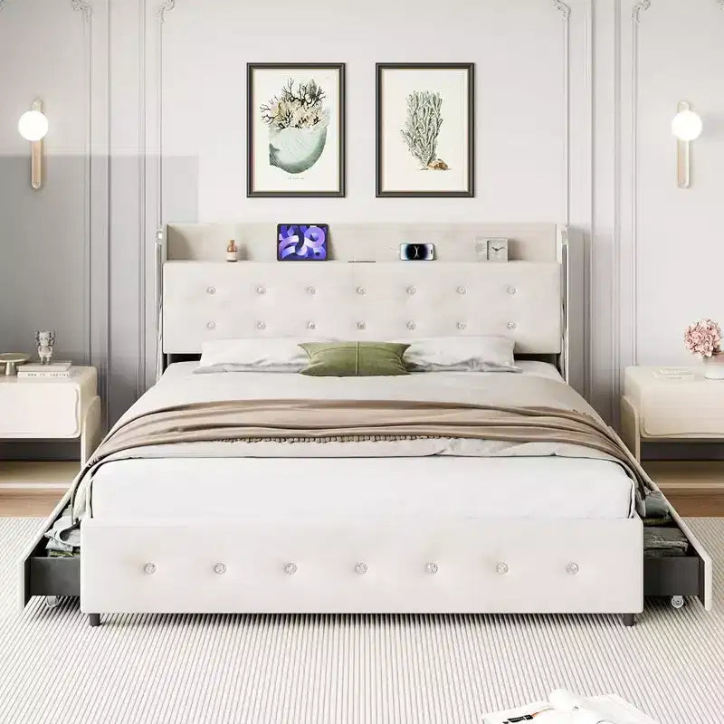 Struttura Letto Whizmax, Struttura Letto Imbottita con Letto Estraibile e 4 Cassetti Contenitori, Struttura Letto con Testiera Trapuntata a Diamante, Nessuna Rete a Molle Necessaria
