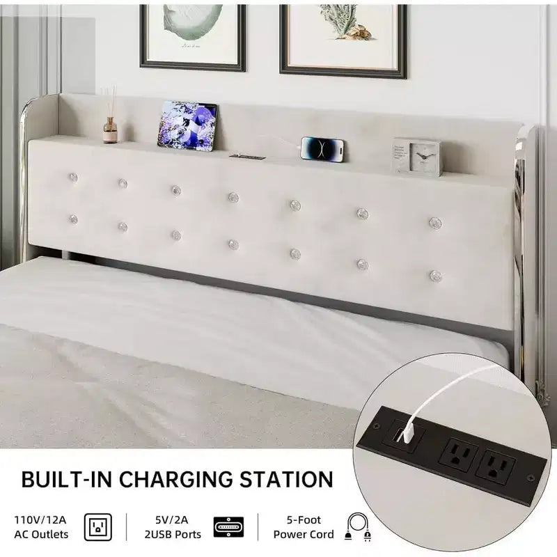 Struttura Letto Whizmax, Struttura Letto Imbottita con Letto Estraibile e 4 Cassetti Contenitori, Struttura Letto con Testiera Trapuntata a Diamante, Nessuna Rete a Molle Necessaria
