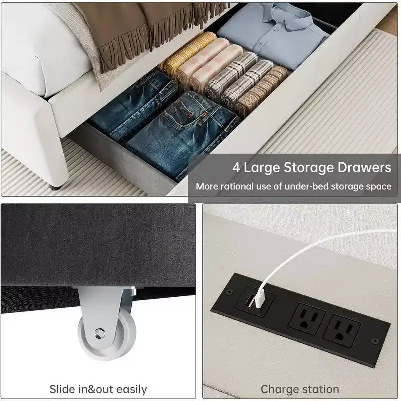 Struttura Letto Whizmax, Struttura Letto Imbottita con Letto Estraibile e 4 Cassetti Contenitori, Struttura Letto con Testiera Trapuntata a Diamante, Nessuna Rete a Molle Necessaria