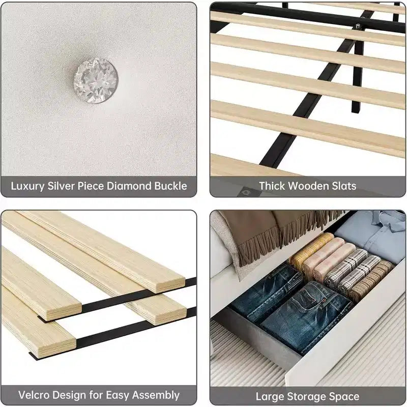 Struttura Letto Whizmax, Struttura Letto Imbottita con Letto Estraibile e 4 Cassetti Contenitori, Struttura Letto con Testiera Trapuntata a Diamante, Nessuna Rete a Molle Necessaria